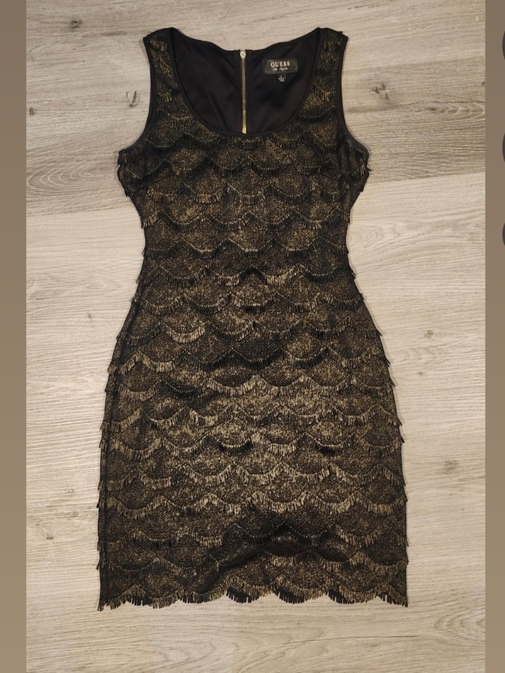 GUESS Black and Gold Metallic Lace Mini Dress